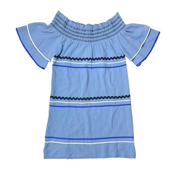 Mud Pie NWT Finnigan Blue Smocked Off the Shoulder Ric Rac MIni Dress Coastal - Picture 8 of 11